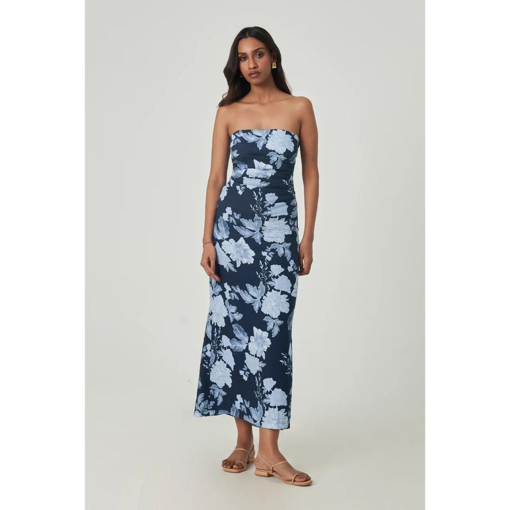 SUMMER AWAY Lisse Floral Linen‎ Maxi Dress Blue NWT Small